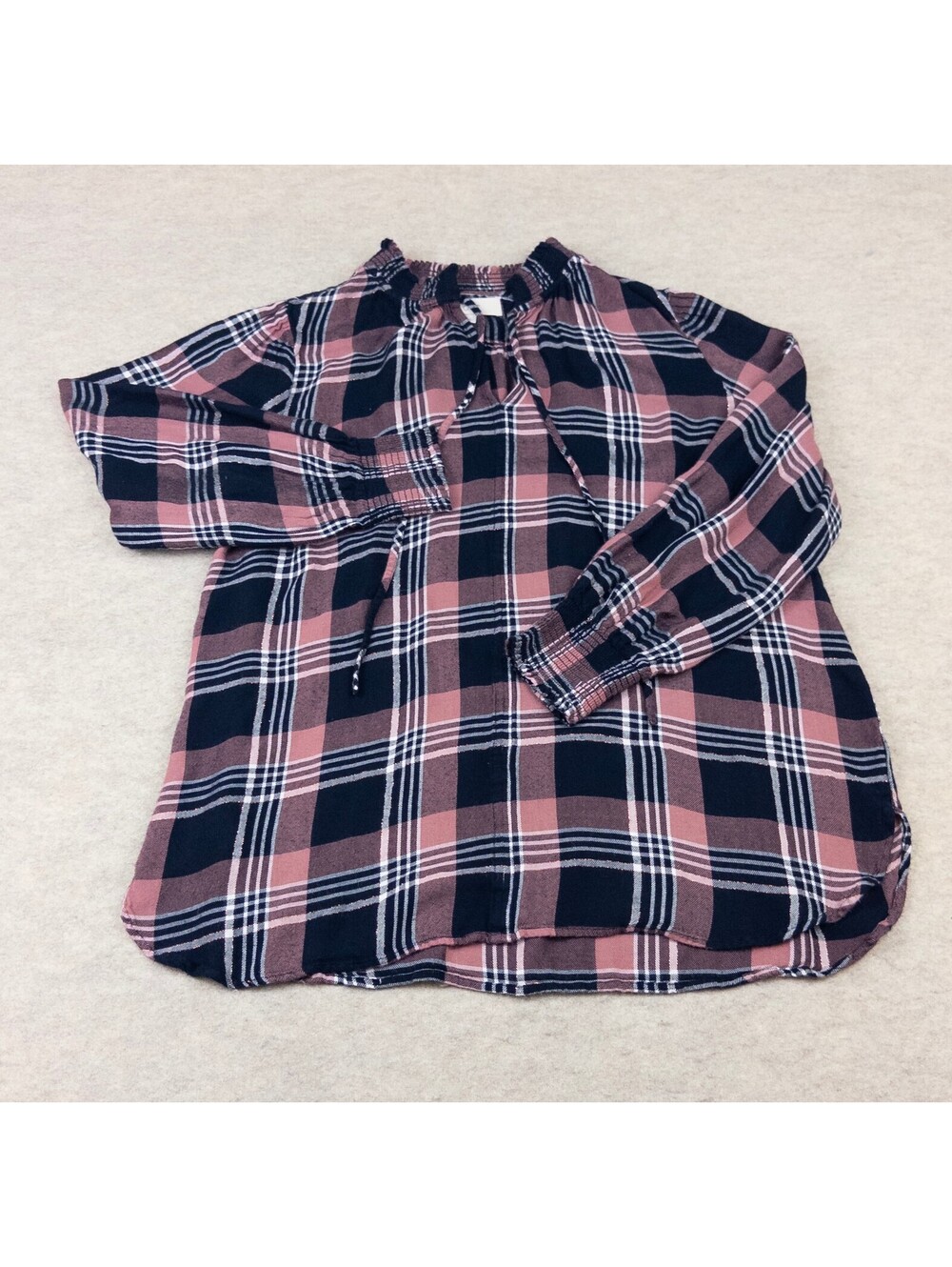 LOFT Pink and Navy Plaid Tie-Neck Blouse, Large